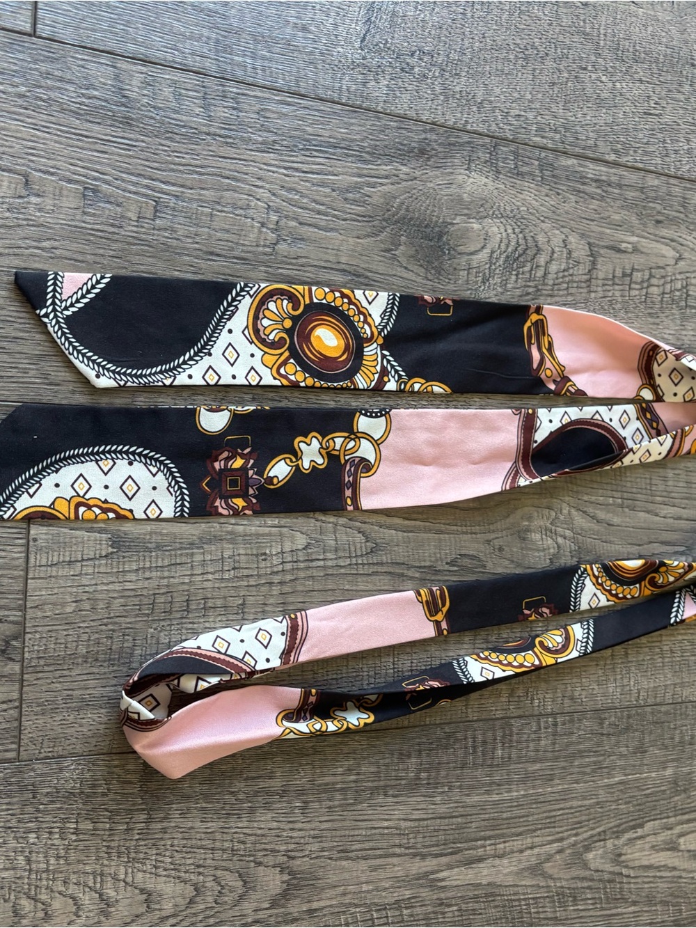 Pink and Black Printed Silk-Feel Twilly Scarf